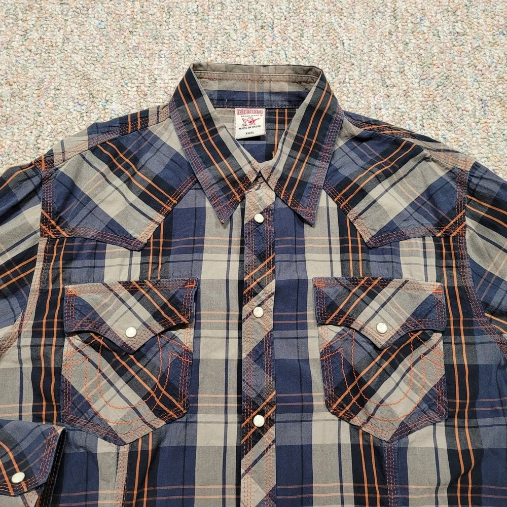 True Religion Western Shirt Mens 3XL Blue Plaid Pearl Snap Long Sleeve Cowboy